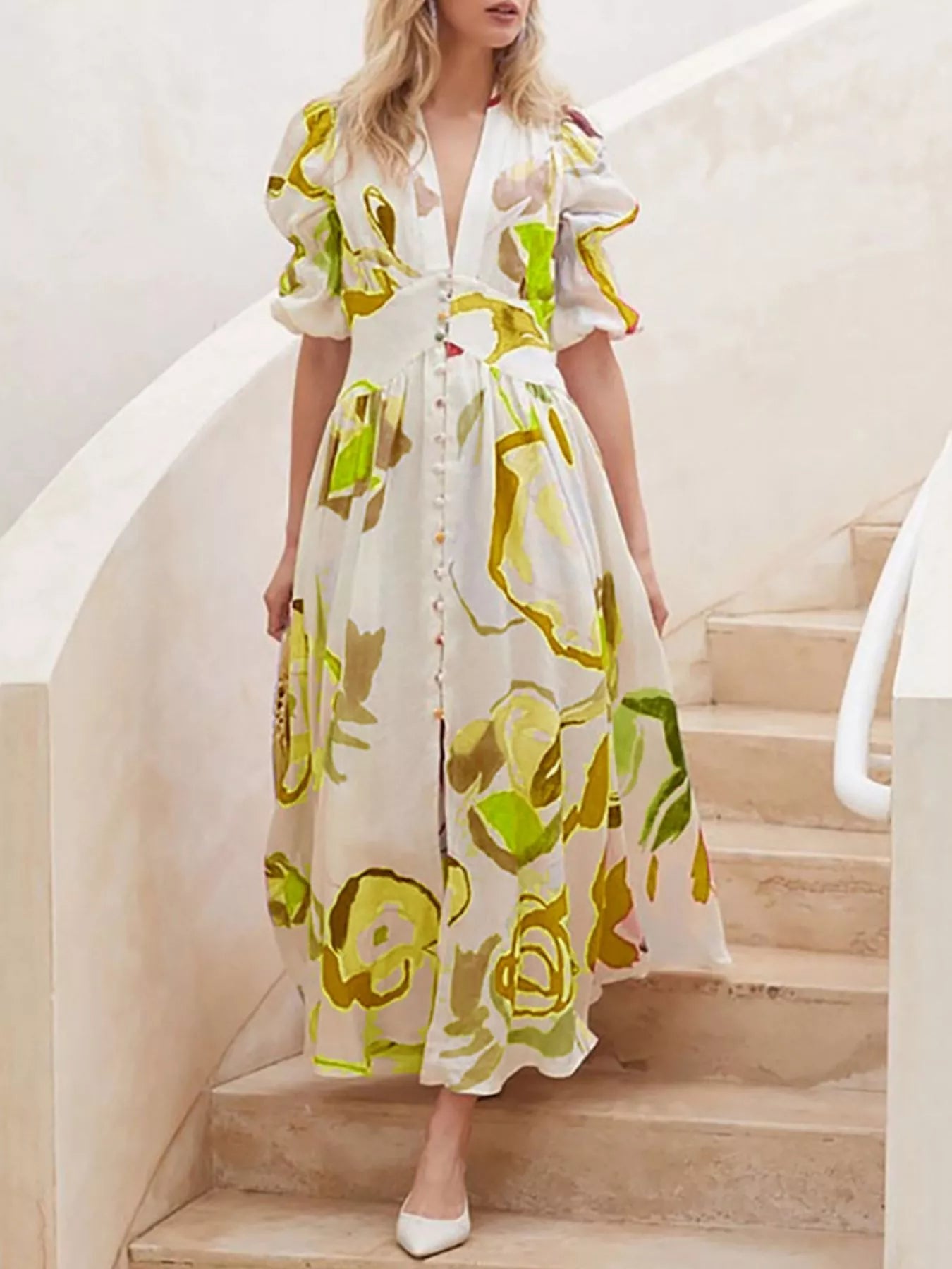 Genevieve Painted Print Puff Sleeve Maxi Dress | 5 Colors-Tactilefable