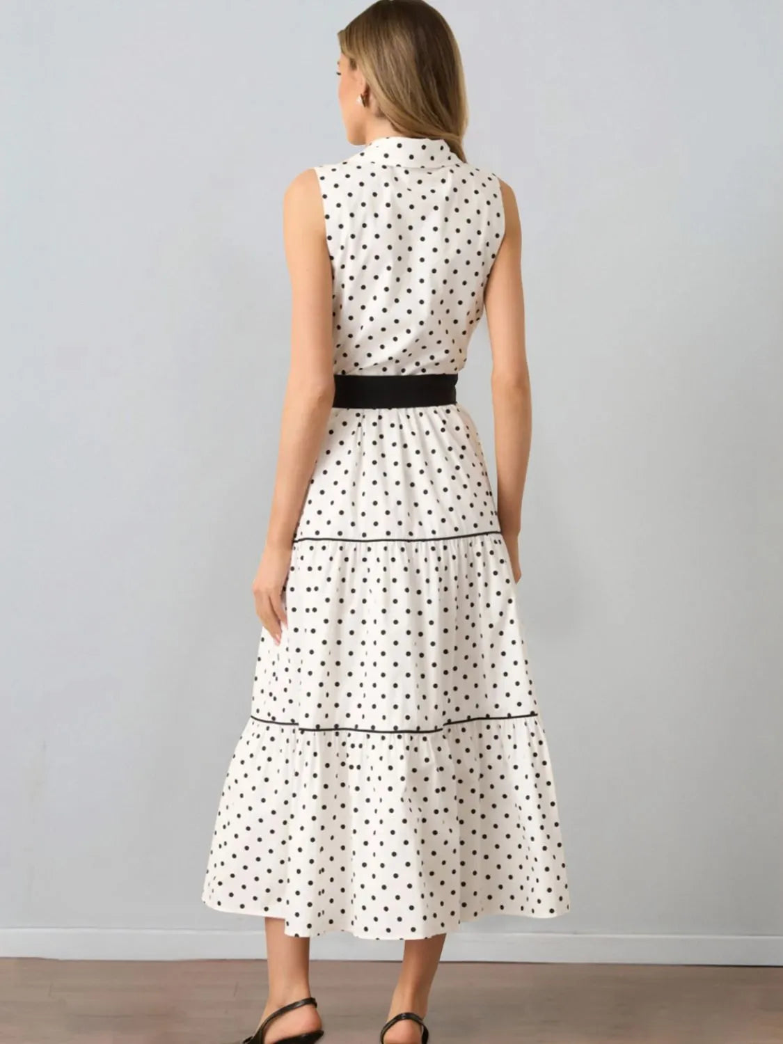 Polka Dot Bowed Sleeveless Midi Shirt Dress | Color White | Poundton-Tactilefable