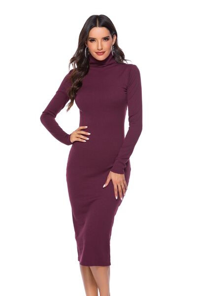 Ivana 60's Ribbed Turtleneck Long Sleeve Wiggle Dress | 4 Colors | Poundton-Tactilefable
