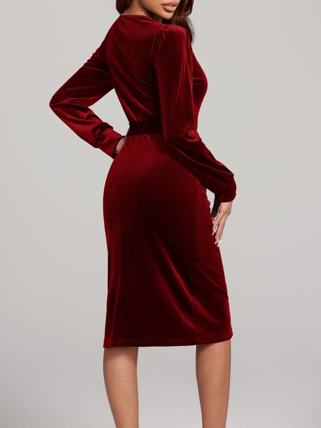 Round Neck Tie Waist Long Sleeve Velvet Dress | 4 Colors | Poundton-Tactilefable