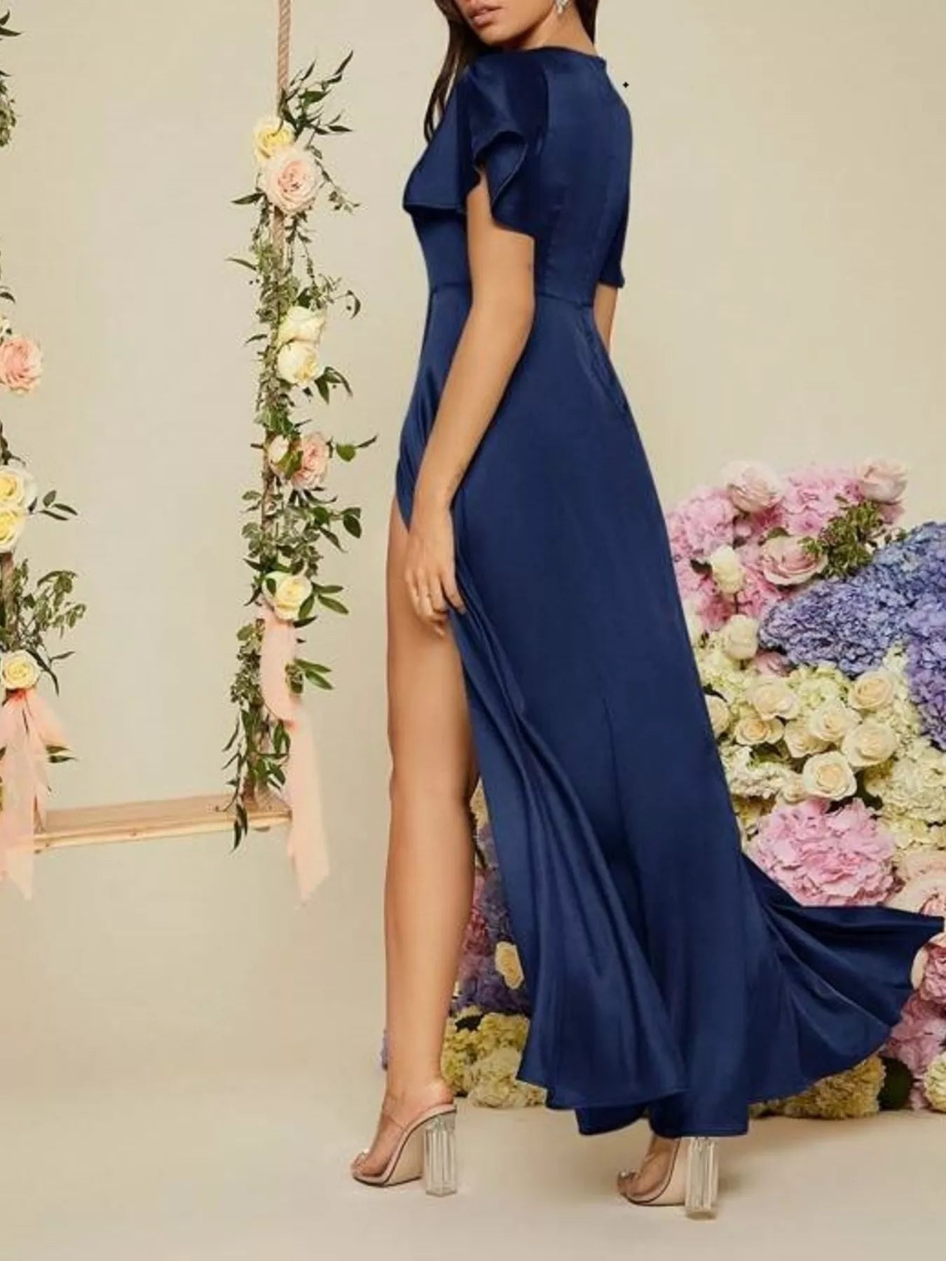 Serena Flutter Sleeve Satin Maxi Dress | 5 Colors | Poundton-Tactilefable