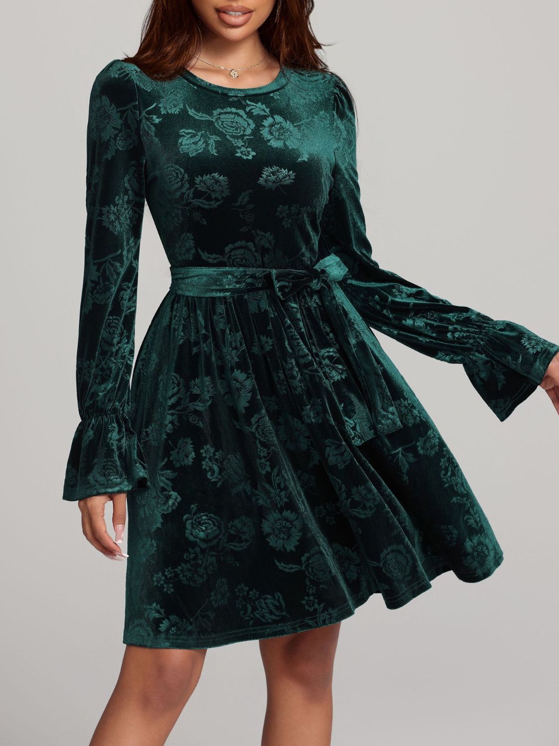 Angela Tied Flower Print Round Neck Flounce Sleeve Dress-Tactilefable