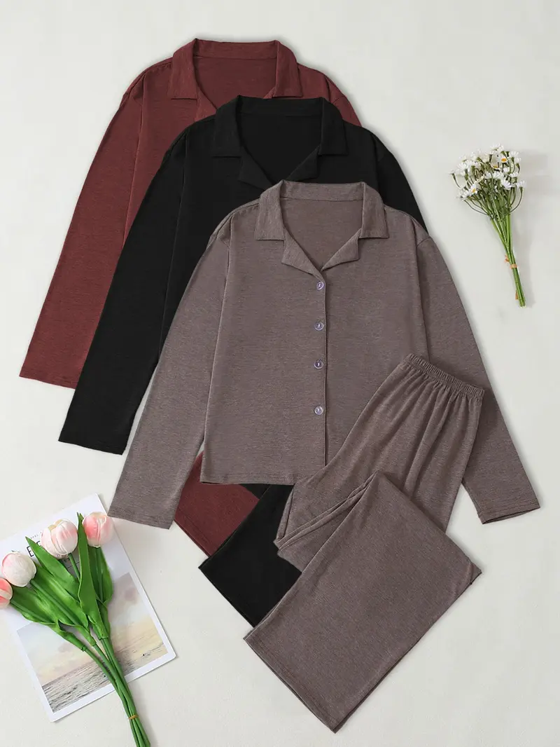 Women's Casual Fall Winter Pajama Set, Soft Skin-Friendly Fabric, Long Sleeve Lapel Design, Indoor Outdoor Wear, Two-Piece Sleepwear