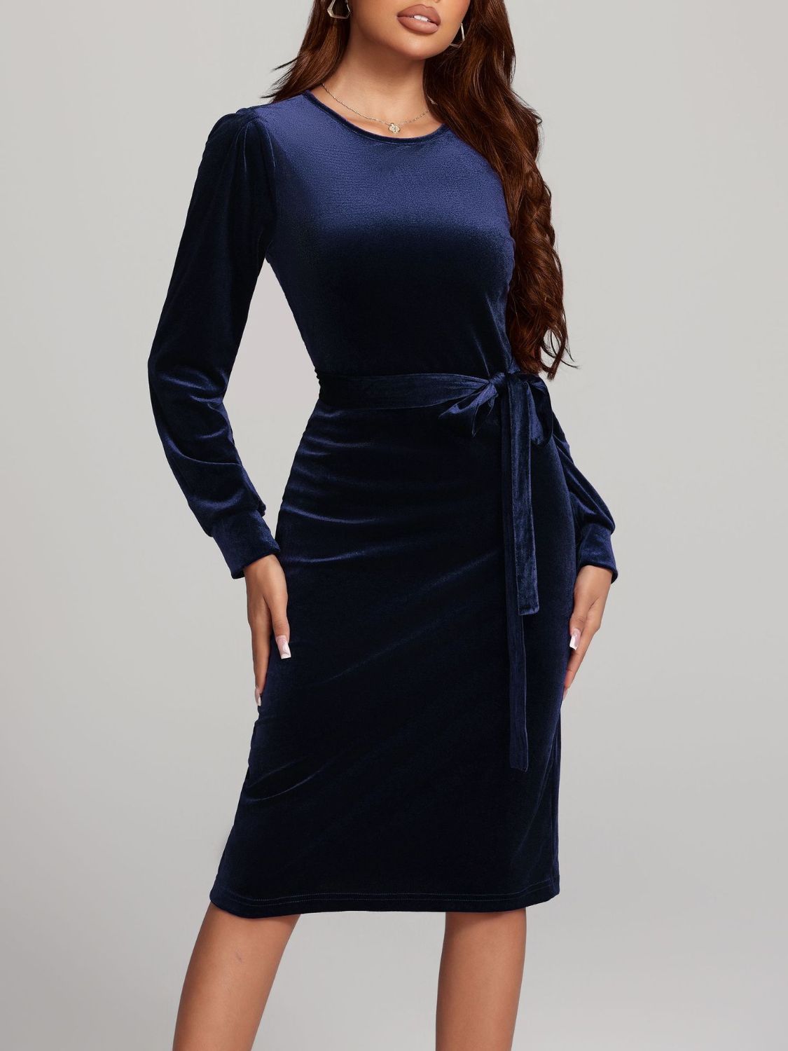 Round Neck Tie Waist Long Sleeve Velvet Dress | 4 Colors | Poundton-Tactilefable