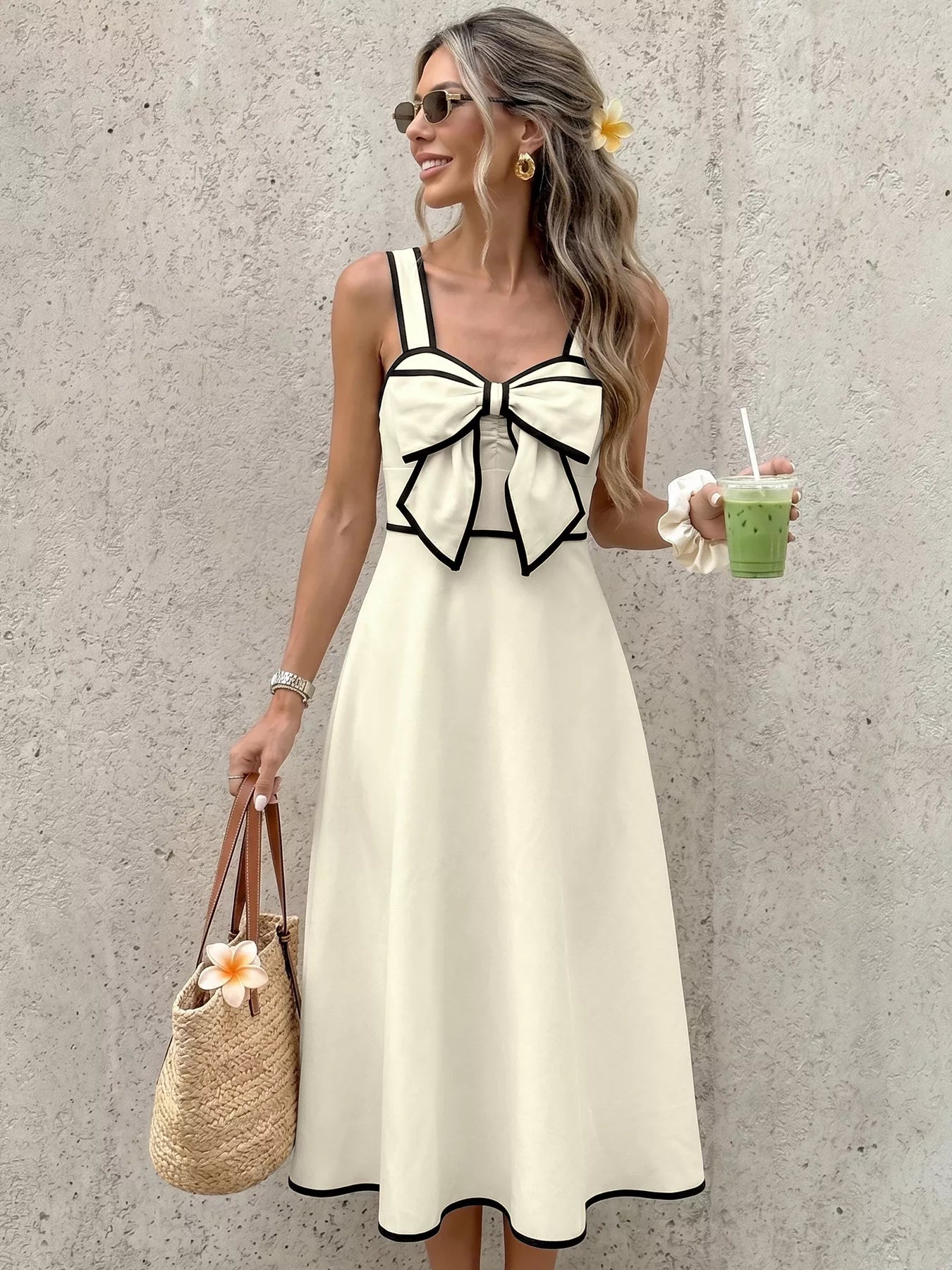 Bow-Trim A-Line Midi Dress-Tactilefable