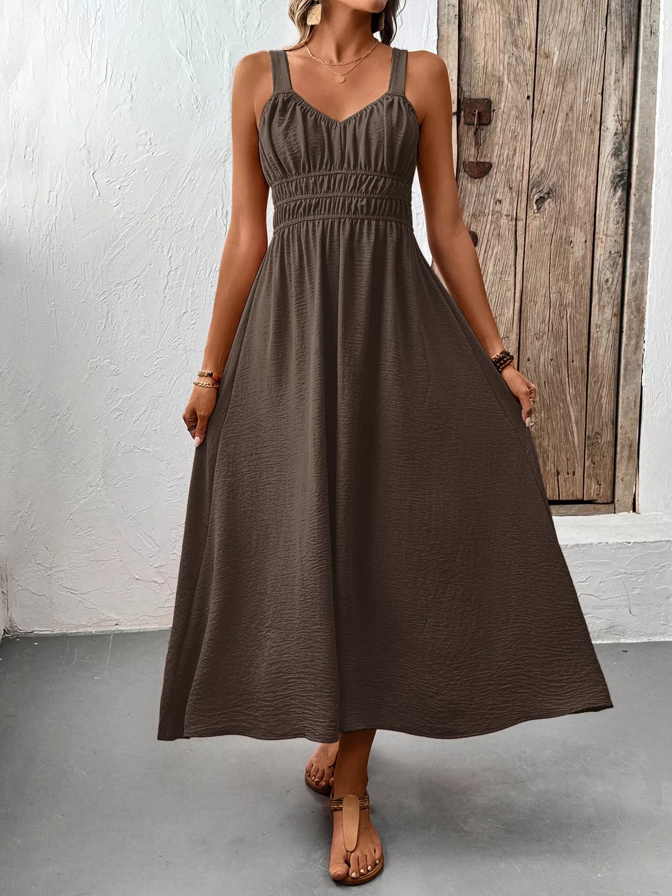 Smocked Sundress Midi | Light Blue or Coffee Brown-Tactilefable