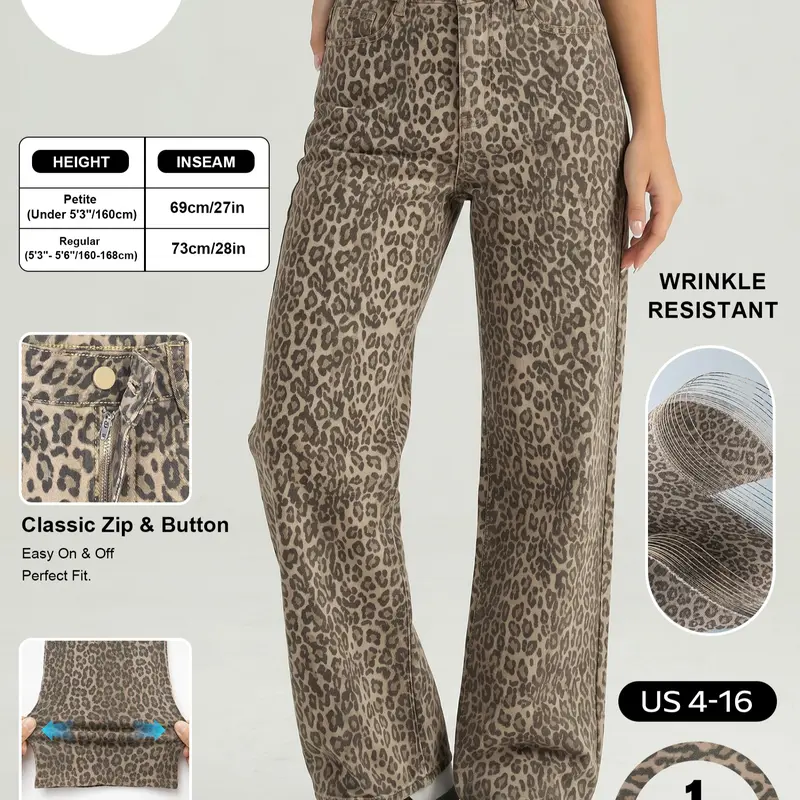 Katch Me Chic Women's Vintage Leopard Print High Waist Wide Leg Jeans - Women's Denim Pants