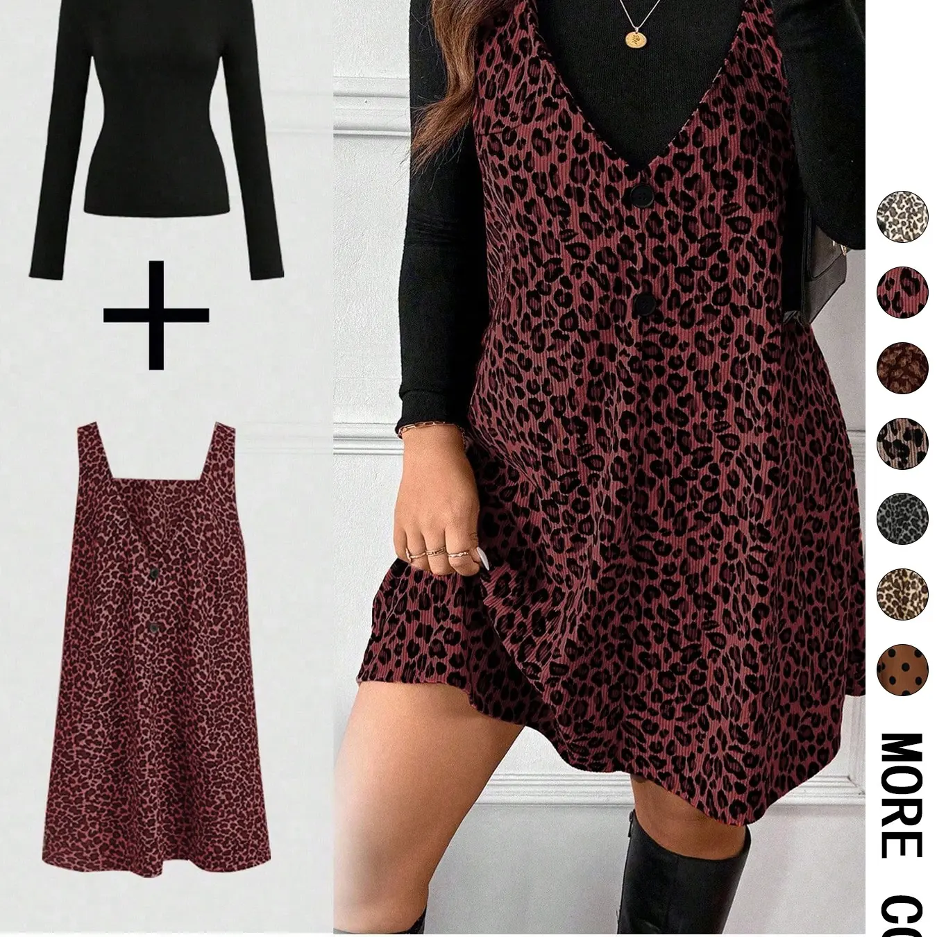 Women's High Neck Long Sleeve Inner Layer & Leopard Print Strap Skirt Matching Set