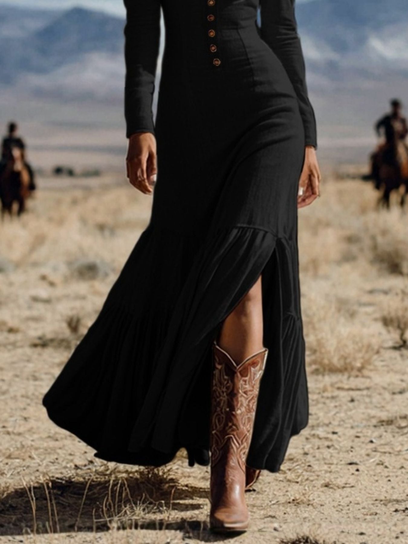 Tiered Slit Long-Sleeve Maxi Dress | 3 Colors-Tactilefable