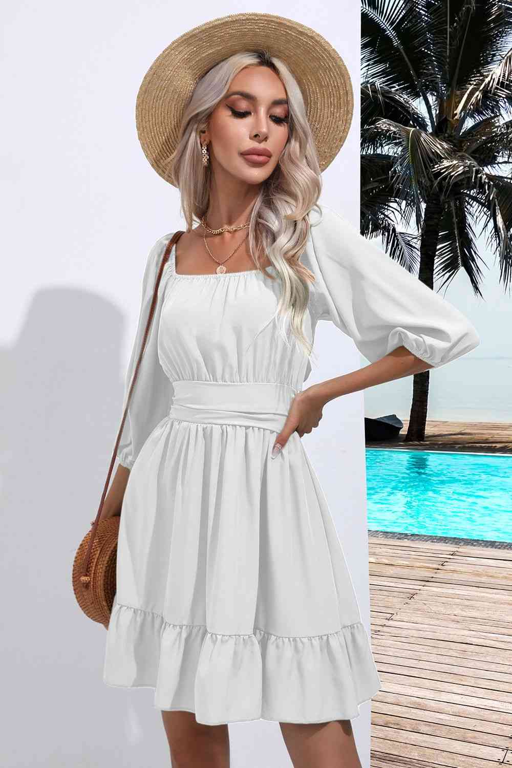 Sofia Square Neck Tie Back Ruffle Hem Mini Peasant Dress | 5 Colors | Poundton-Tactilefable