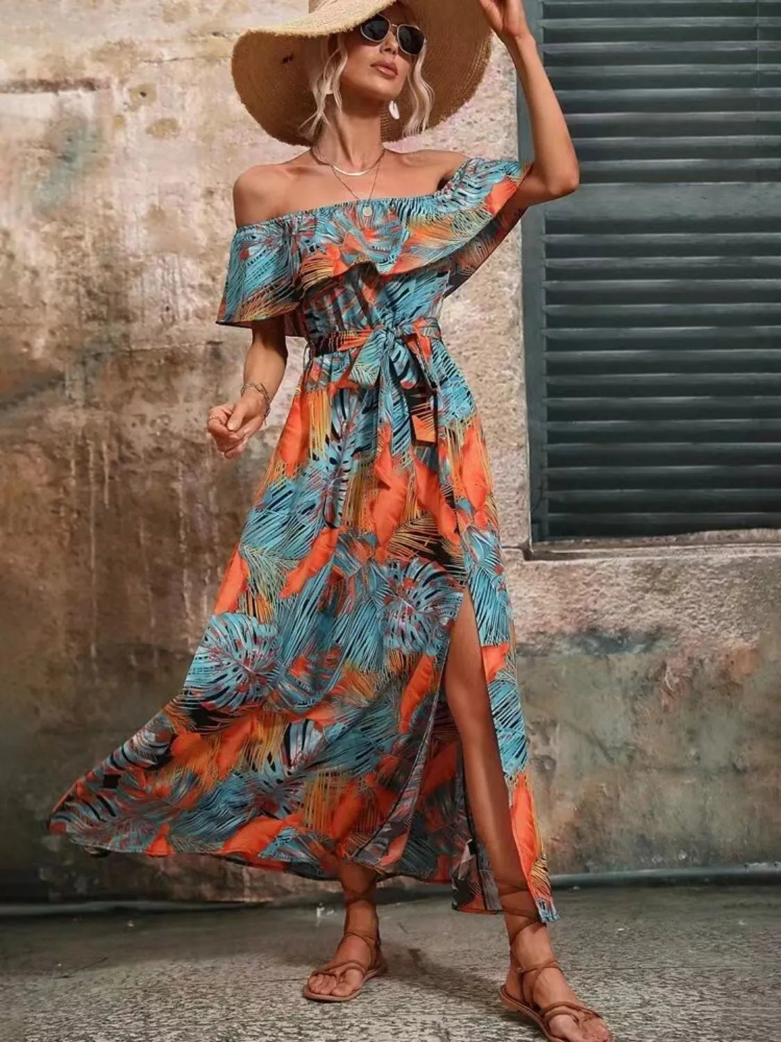 Moonlit Ruffled Printed Off Shoulder Maxi Dress | 4 colors | Poundton-Tactilefable