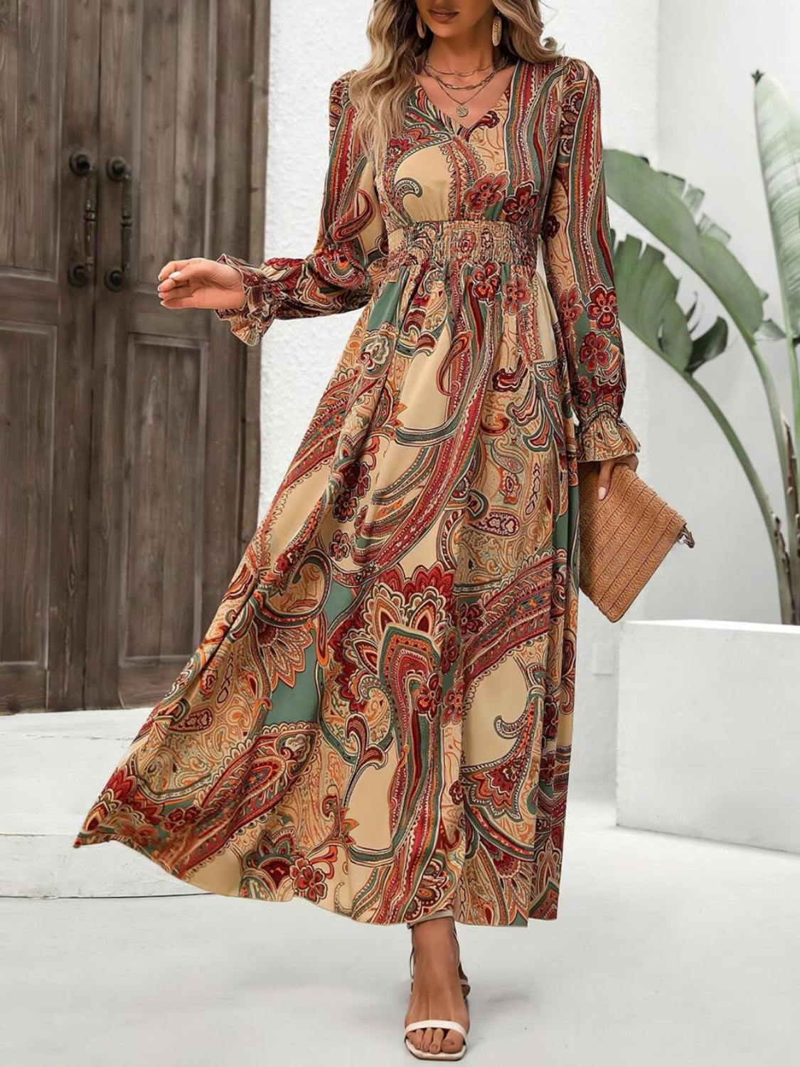 Gianna Smocked Printed V-Neck Flounce Sleeve Dress | 4 Colors-Tactilefable