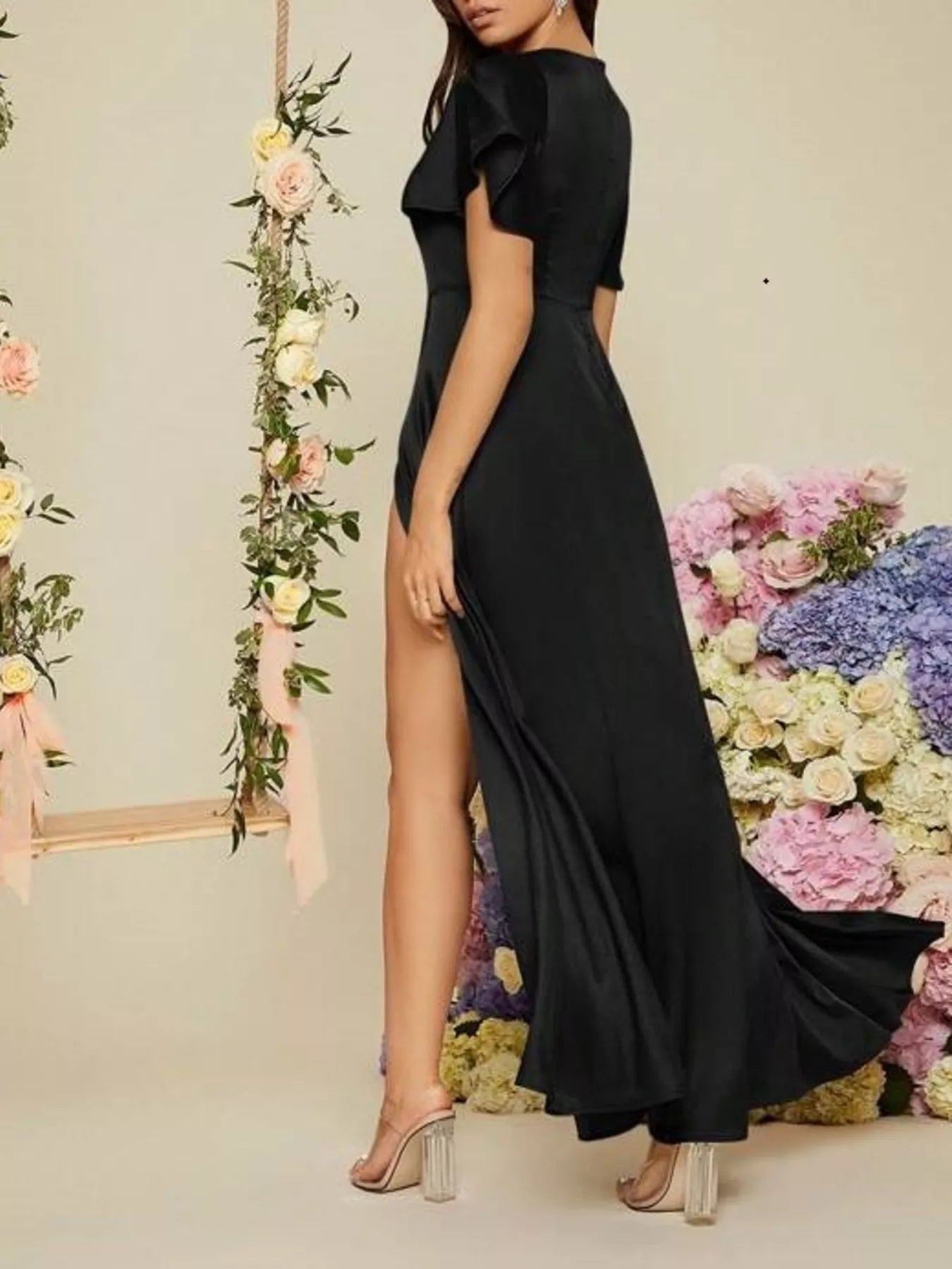 Serena Flutter Sleeve Satin Maxi Dress | 5 Colors | Poundton-Tactilefable