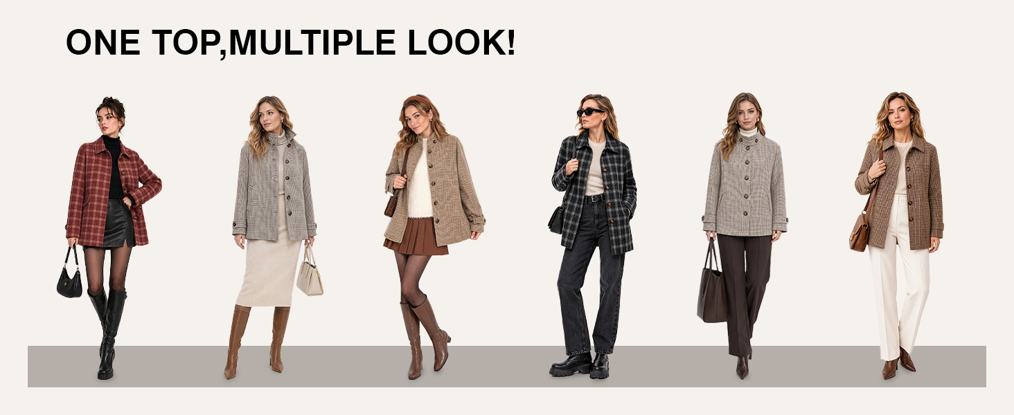 Plaid barn jacket shown across multiple everyday outfit combinations.