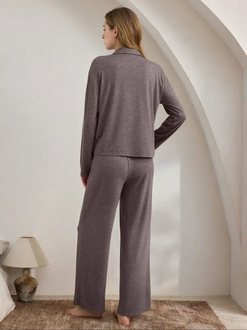 Women's Casual Fall Winter Pajama Set, Soft Skin-Friendly Fabric, Long Sleeve Lapel Design, Indoor Outdoor Wear, Two-Piece Sleepwear
