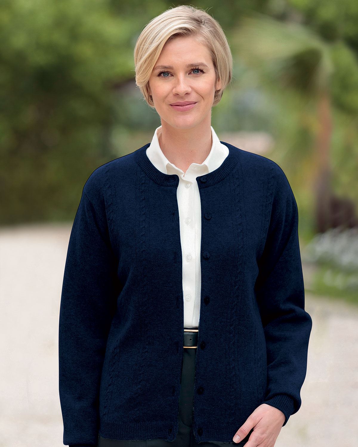Ladies’ Pure Lambswool Cable Knit Cardigan – Navy-Tactilefable