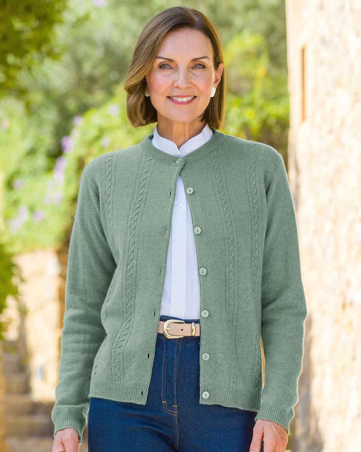 Ladies’ Pure Lambswool Cable Knit Cardigan – Sage-Tactilefable