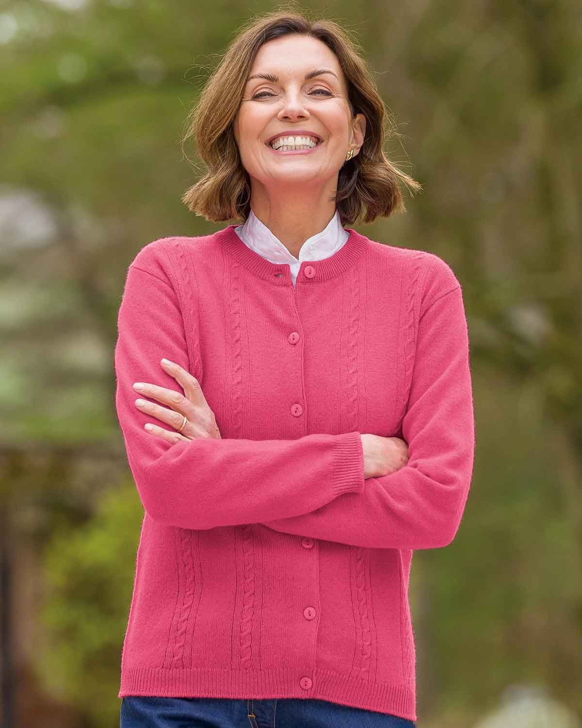 Ladies’ Pure Lambswool Cable Knit Cardigan – Flamingo-Tactilefable