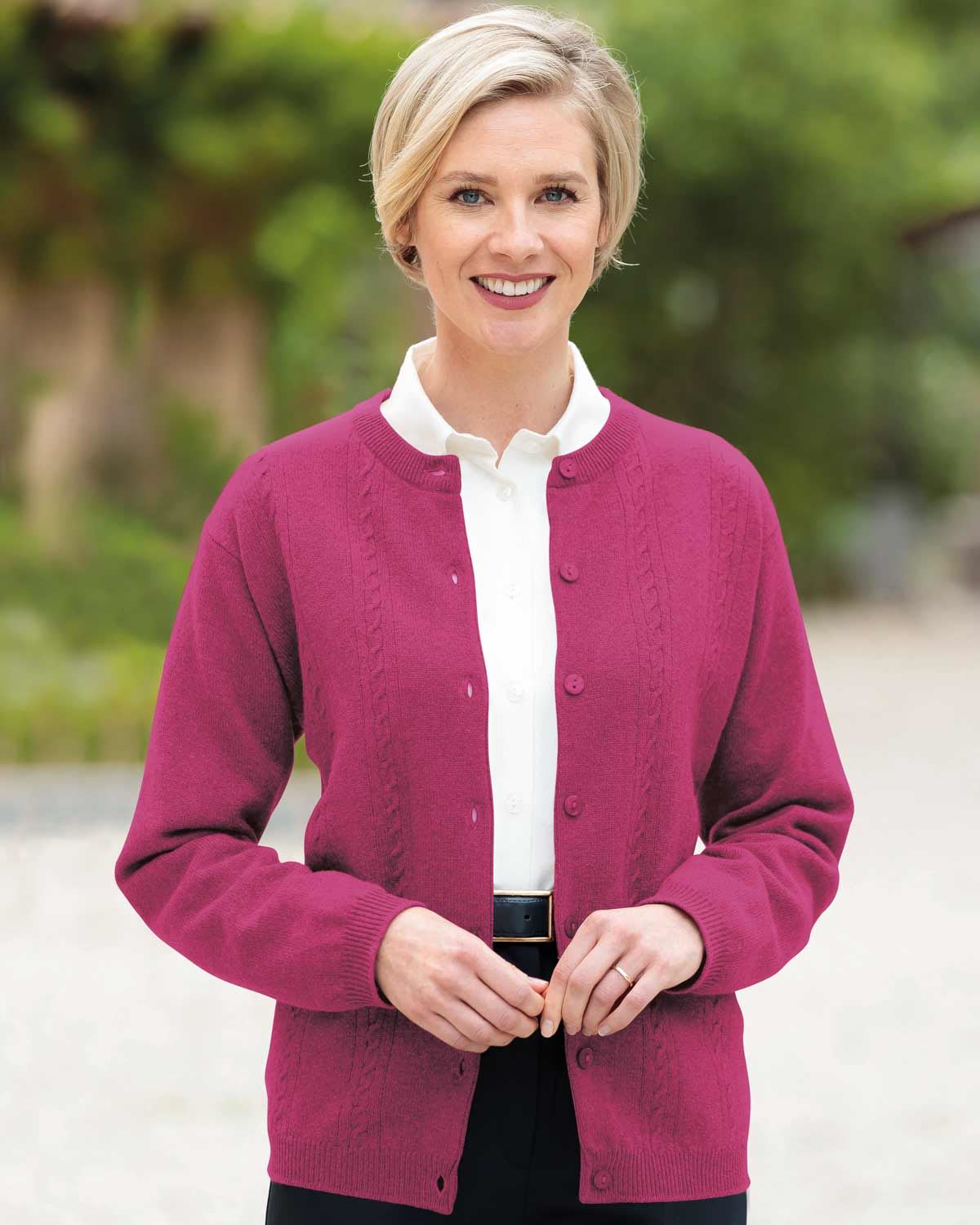 Ladies’ Pure Lambswool Cable Knit Cardigan – Raspberry-Tactilefable