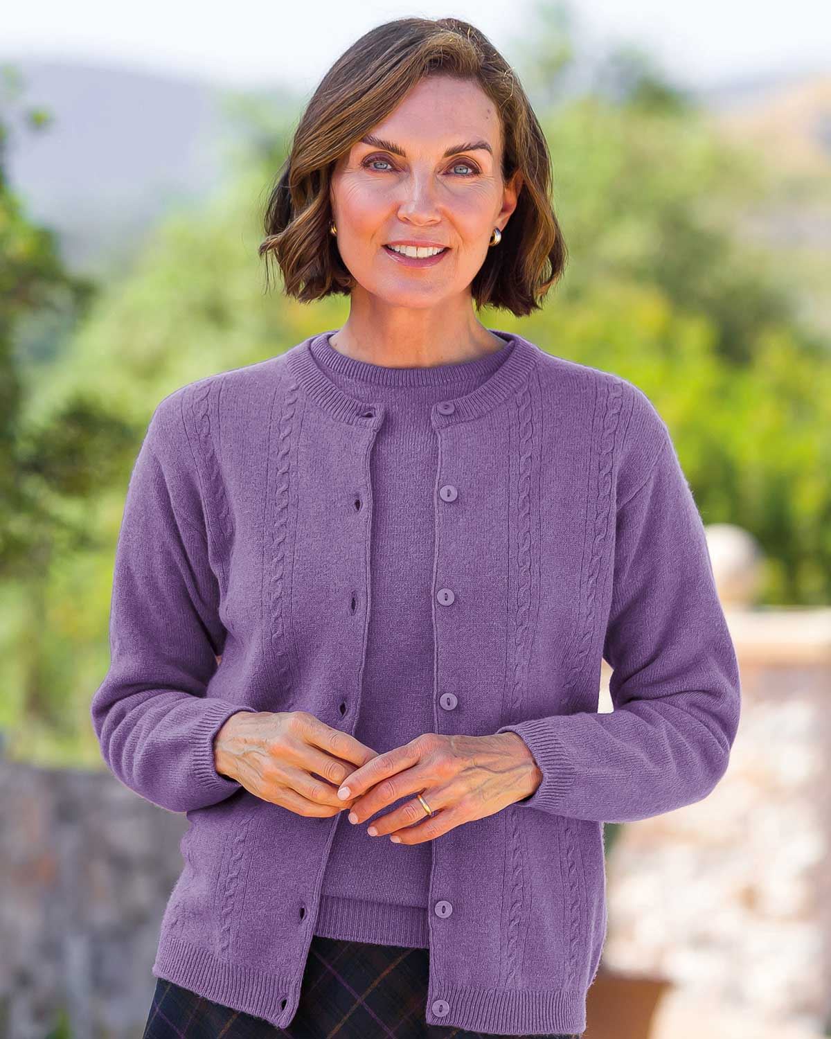 Ladies’ Pure Lambswool Cable Knit Cardigan – Heather-Tactilefable