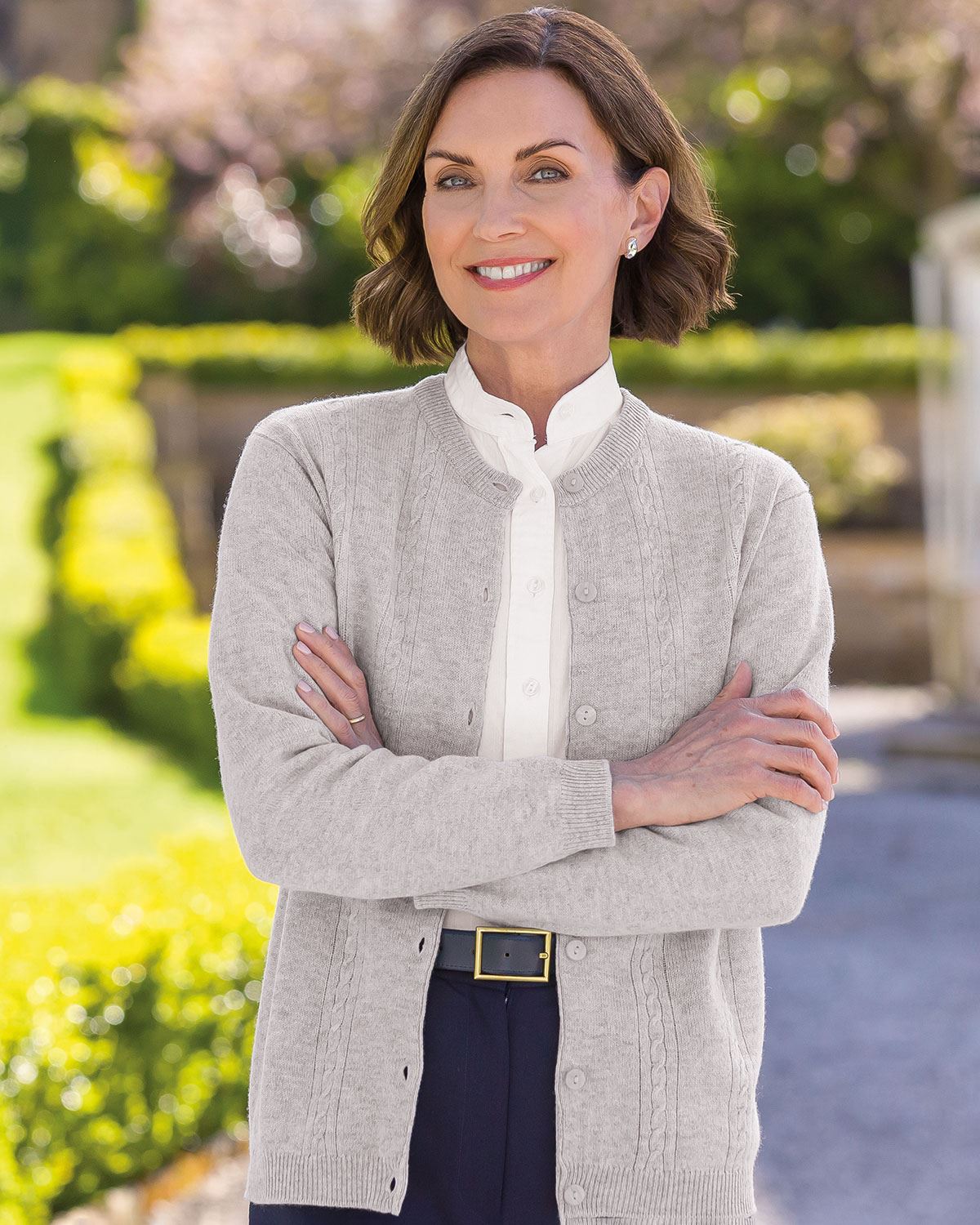 Ladies’ Pure Lambswool Cable Knit Cardigan – Silver-Tactilefable