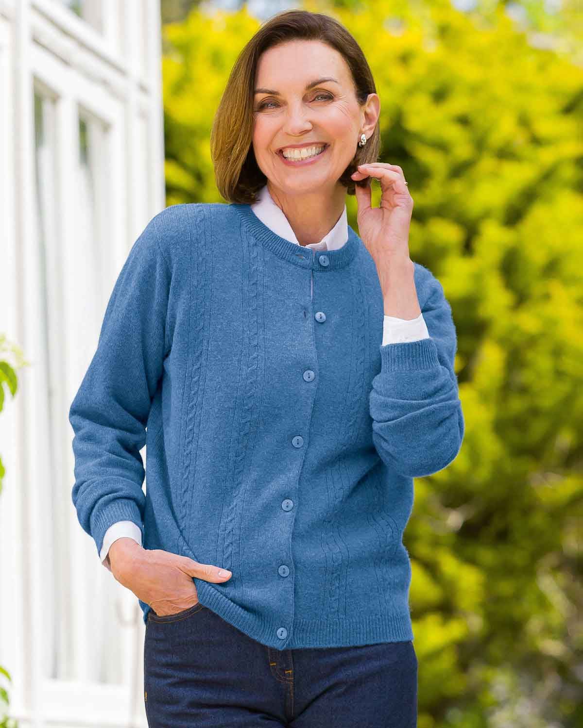 Ladies’ Pure Lambswool Cable Knit Cardigan – Blueberry-Tactilefable