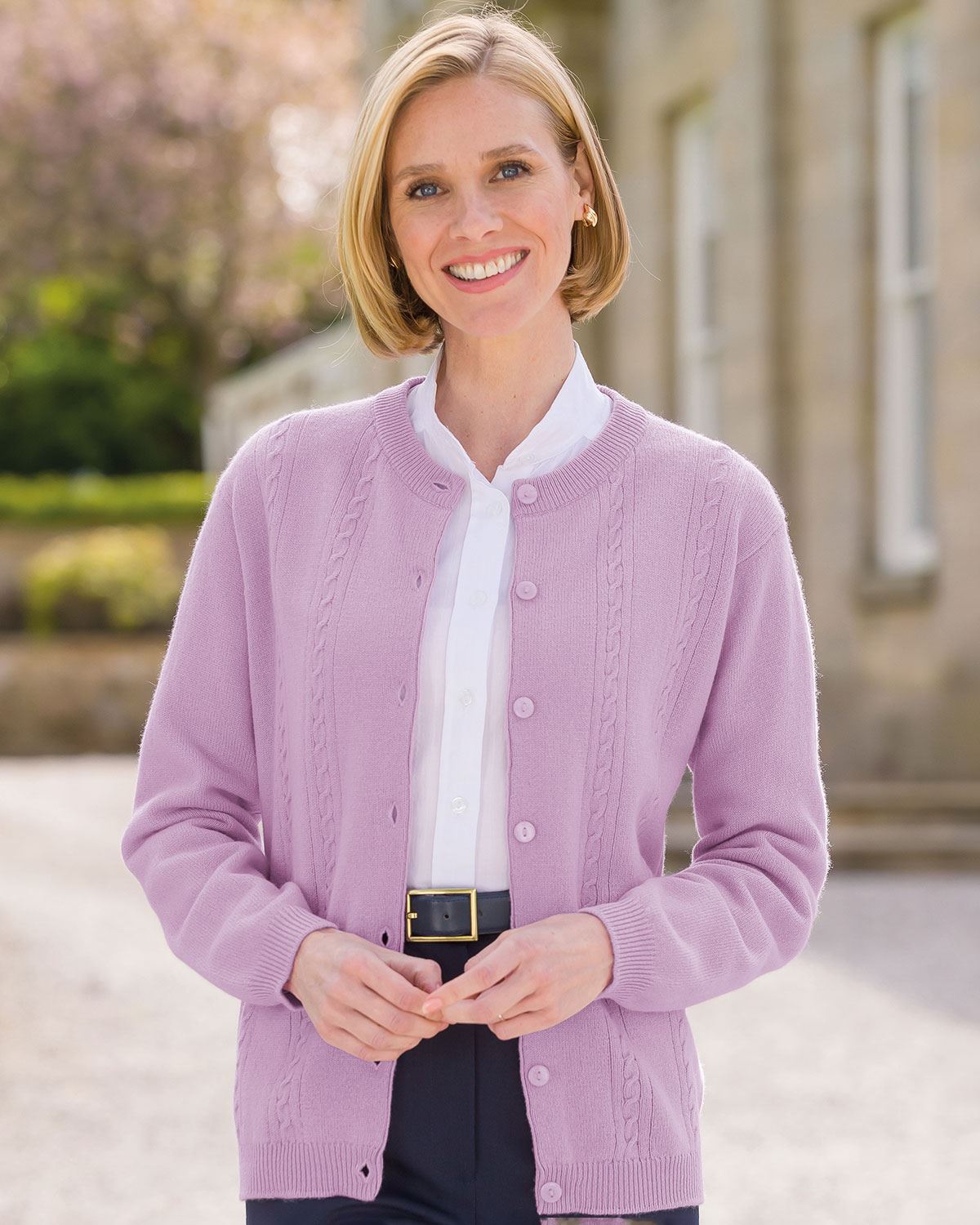 Ladies’ Pure Lambswool Cable Knit Cardigan – Pale Lilac-Tactilefable