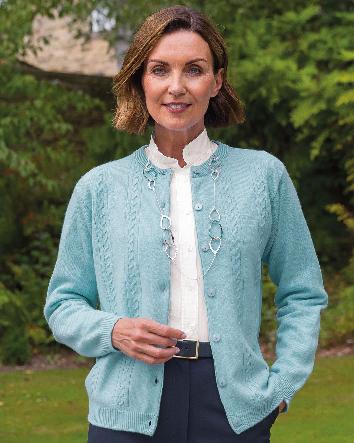 Ladies’ Pure Lambswool Cable Knit Cardigan – Aqua-Tactilefable