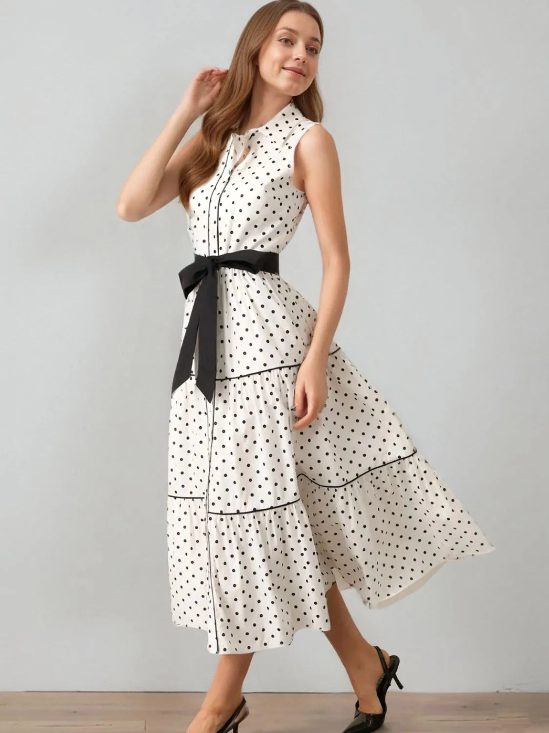 Polka Dot Bowed Sleeveless Midi Shirt Dress | Color White | Poundton-Tactilefable