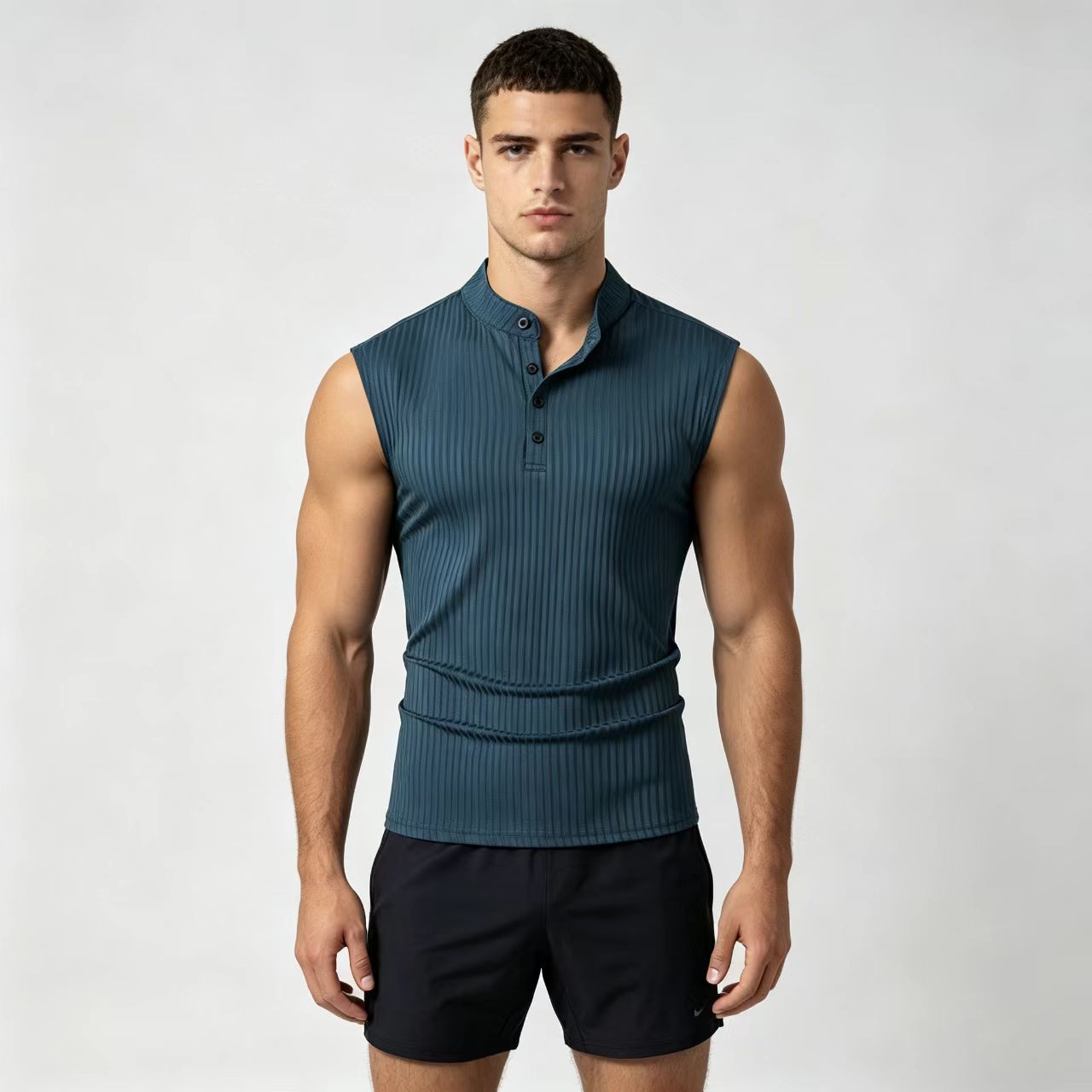 Men's Ribbed Sleeveless Henley Tank Top, Solid Color Button Up Athletic Workout T-Shirt-Tactilefable