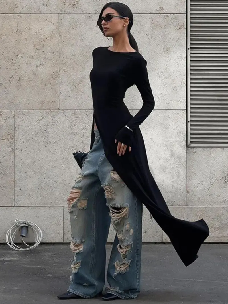 Women's Plain Asymmetrical Split Hem Slit Design Boat Neck Dress, Casual Long Sleeve Dress for Spring & Fall, Women's Clothing for Daily Wear Women's Plain Asymmetrical Split Hem Slit Design Boat Neck Dress, Casual Long Sleeve Dress for Spring & Fall, Women's Clothing for Daily Wear