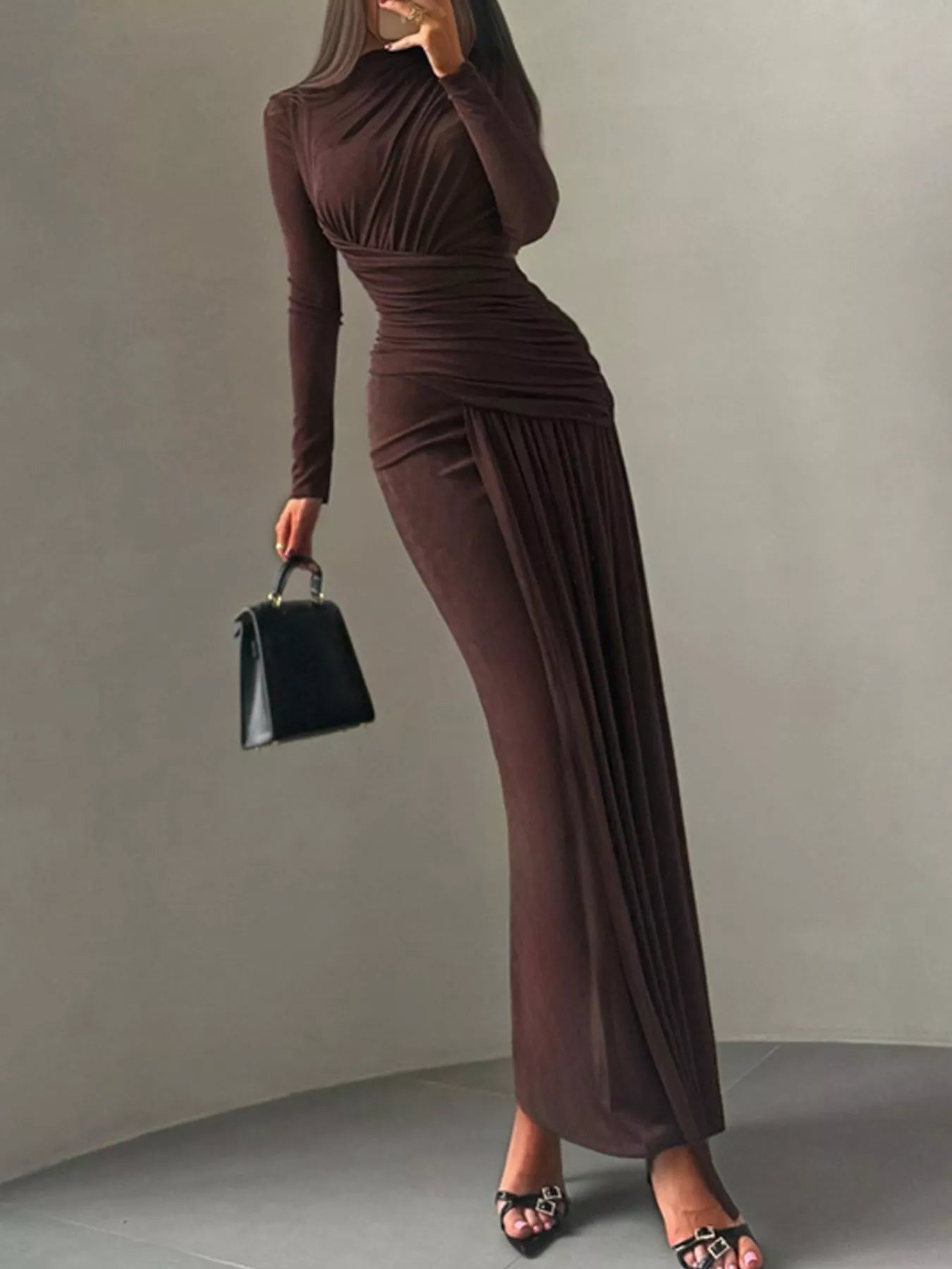 Ruched Long-Sleeve Maxi Dress | 3 Colors-Tactilefable