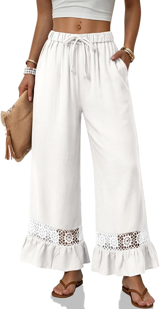 Linen Pants Women Wide Leg Lace Ruffle Hem Palazzo Pants with Pockets-Tactilefable