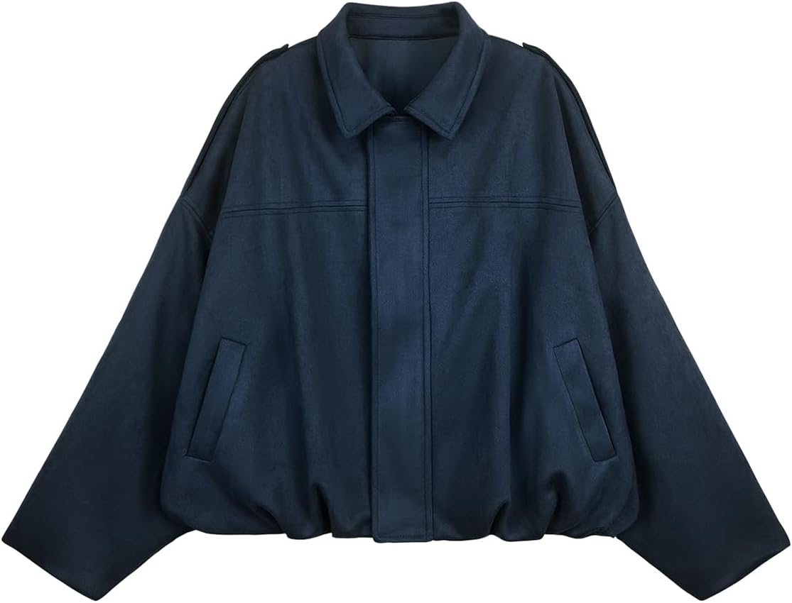 Womens Bomber Jacket Faux Suede Casual Cropped Pilot Coat Lapel Collar Causal Oversized Trendy Outwear-TACTILEFABLE