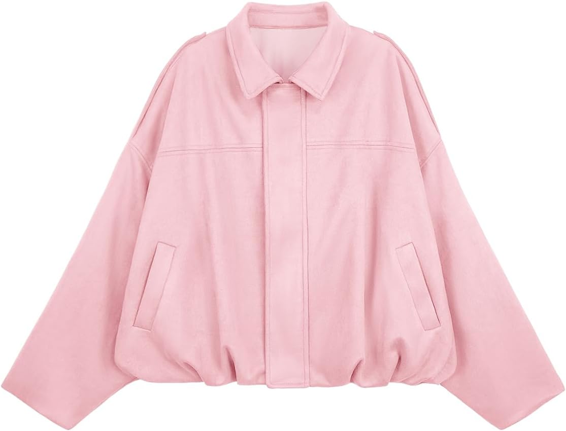 Womens Bomber Jacket Faux Suede Casual Cropped Pilot Coat Lapel Collar Causal Oversized Trendy Outwear-TACTILEFABLE