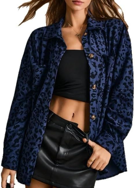 Womens Corduroy Shirt Long Sleeve Leopard Jacket Retro Oversized Button Up Cardigan Jackets-TACTILEFABLE