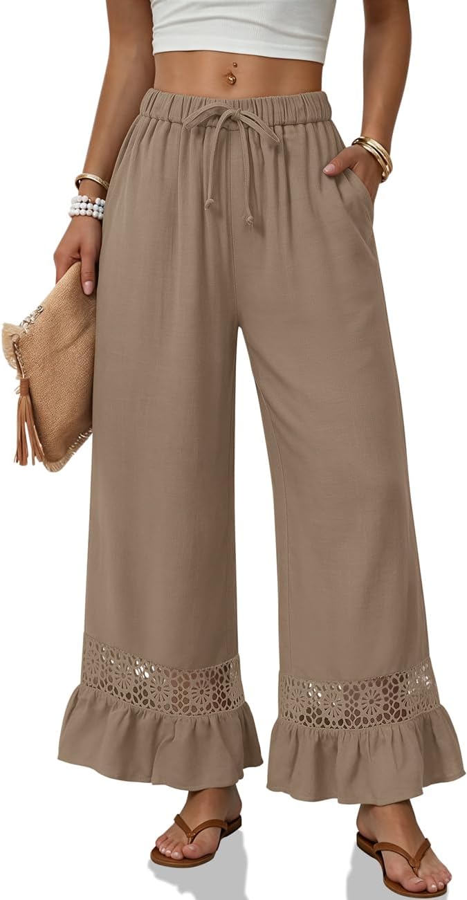 Linen Pants Women Wide Leg Lace Ruffle Hem Palazzo Pants with Pockets-Tactilefable