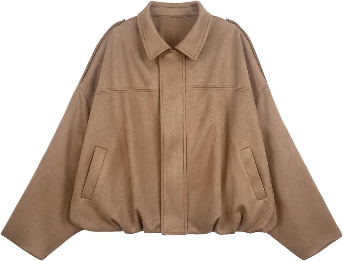 Womens Bomber Jacket Faux Suede Casual Cropped Pilot Coat Lapel Collar Causal Oversized Trendy Outwear-TACTILEFABLE