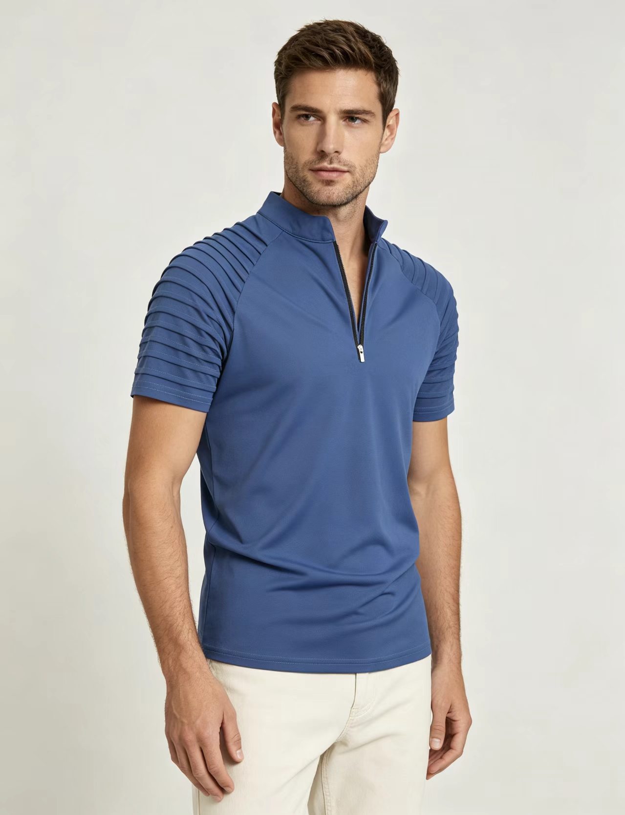 Men's Stand Collar Half Zip Short Sleeve Shirt, Pleated Raglan Shoulder Solid Color Casual Tee-TACTILEFABLE