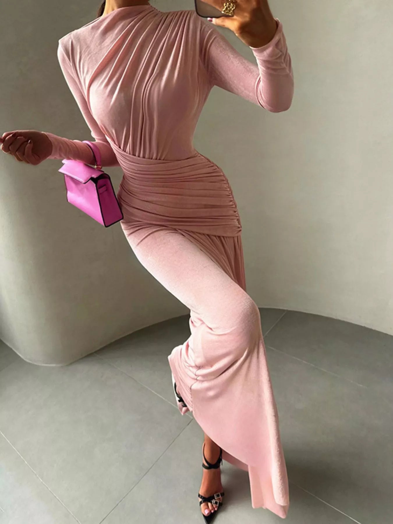 Ruched Long-Sleeve Maxi Dress | 3 Colors-Tactilefable