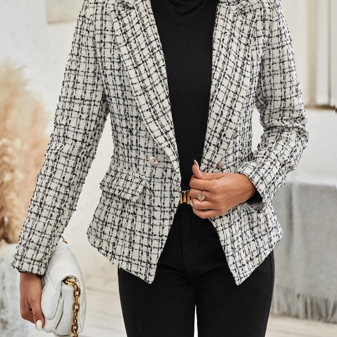 Plaid Double Button Flap Blazer for Women, Work Office, Houndstooth