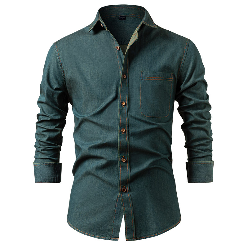 Men's Denim Shirt, Pure Cotton, Wrinkle-Free, Solid Color, Long Sleeve-Tactilefable