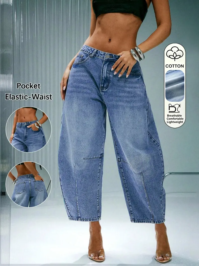 Women's Bucket Leg Washed Denim Jeans, Mid Waist Button Fly Capri Pants, Fall Fashion Loose Fit, Ankle Length with Pockets Women's Bucket Leg Washed Denim Jeans, Mid Waist Button Fly Capri Pants, Fall Fashion Loose Fit, Ankle Length with Pockets