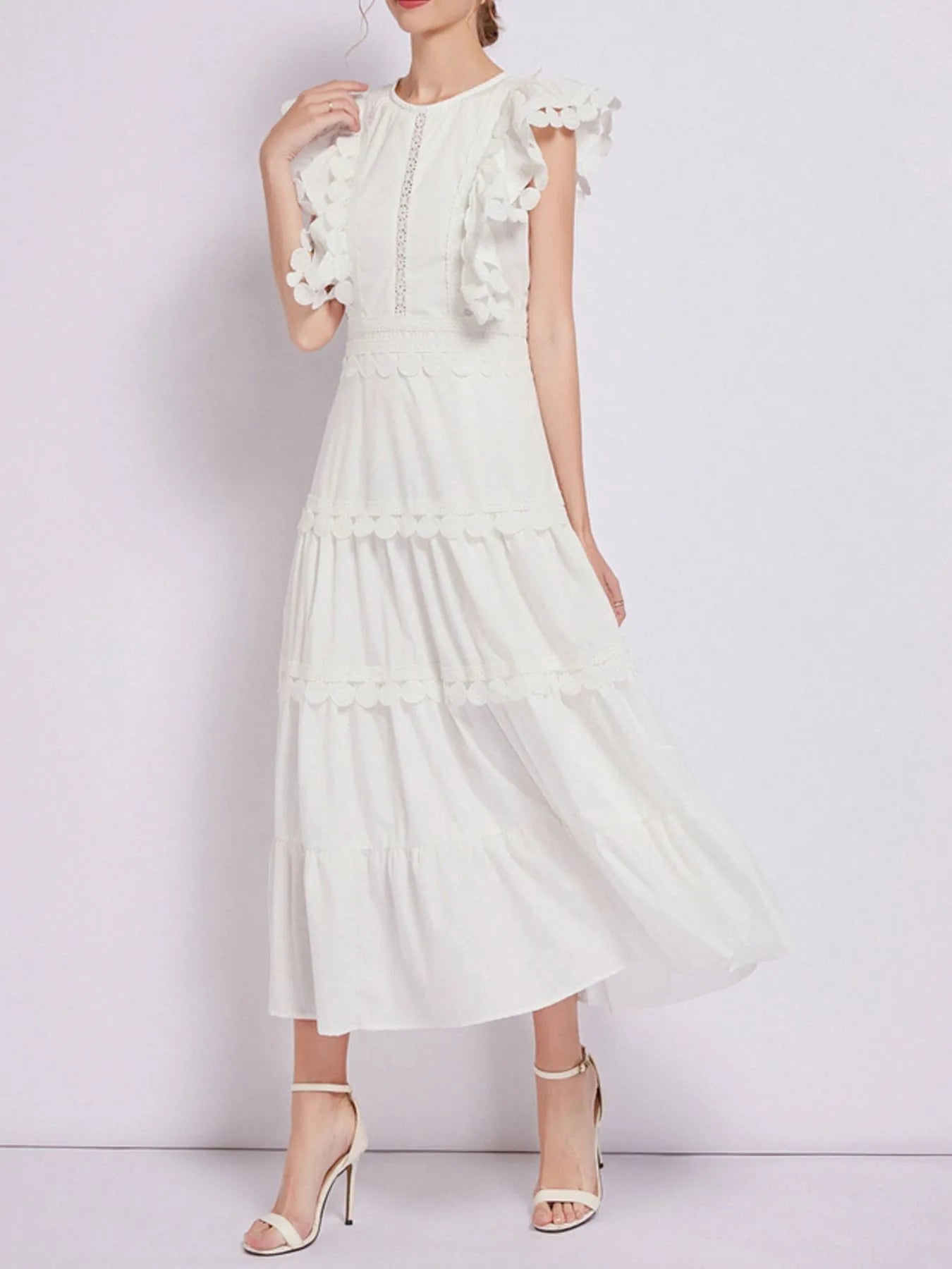 Flutter Sleeve Tiered Maxi Dress with Embroidered Trim | 3 Colors-Tactilefable