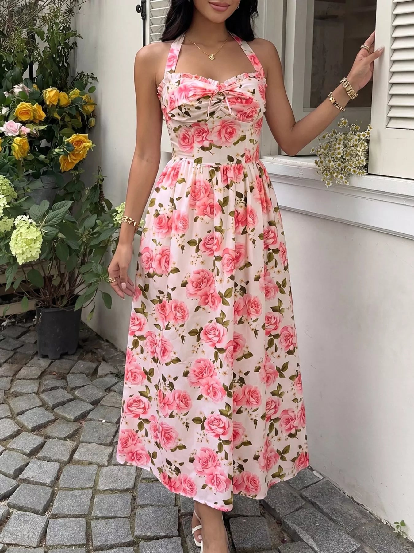 Floral Halter Midi Dress-Tactilefable