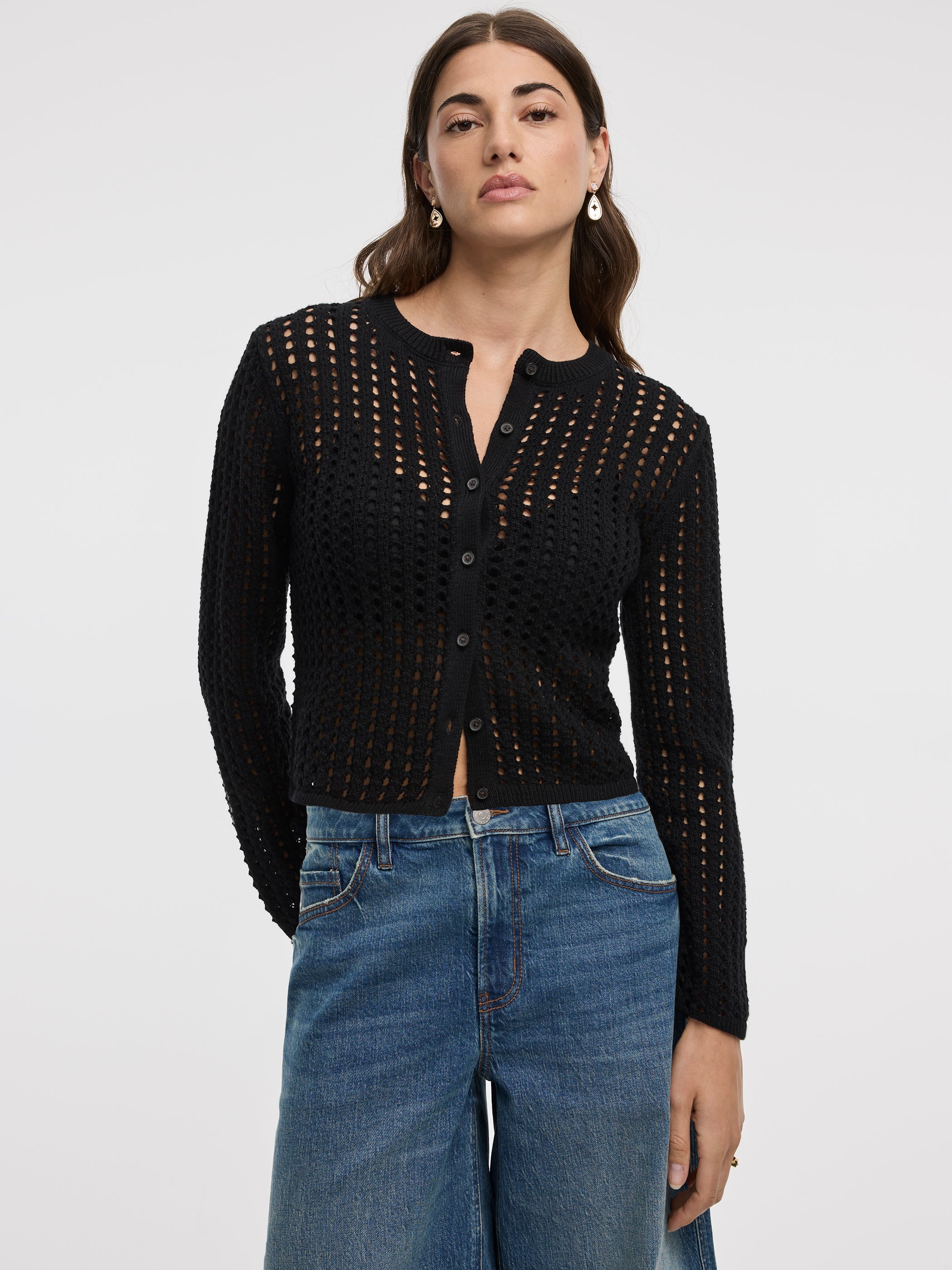 Long-Sleeve Crew-Neck Cardigan with Open Stitches-Tactilefable