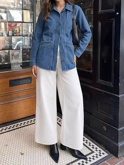 Womens Button Down Denim Jacket Collared Long Sleeve Seam Jackets-Tactilefable