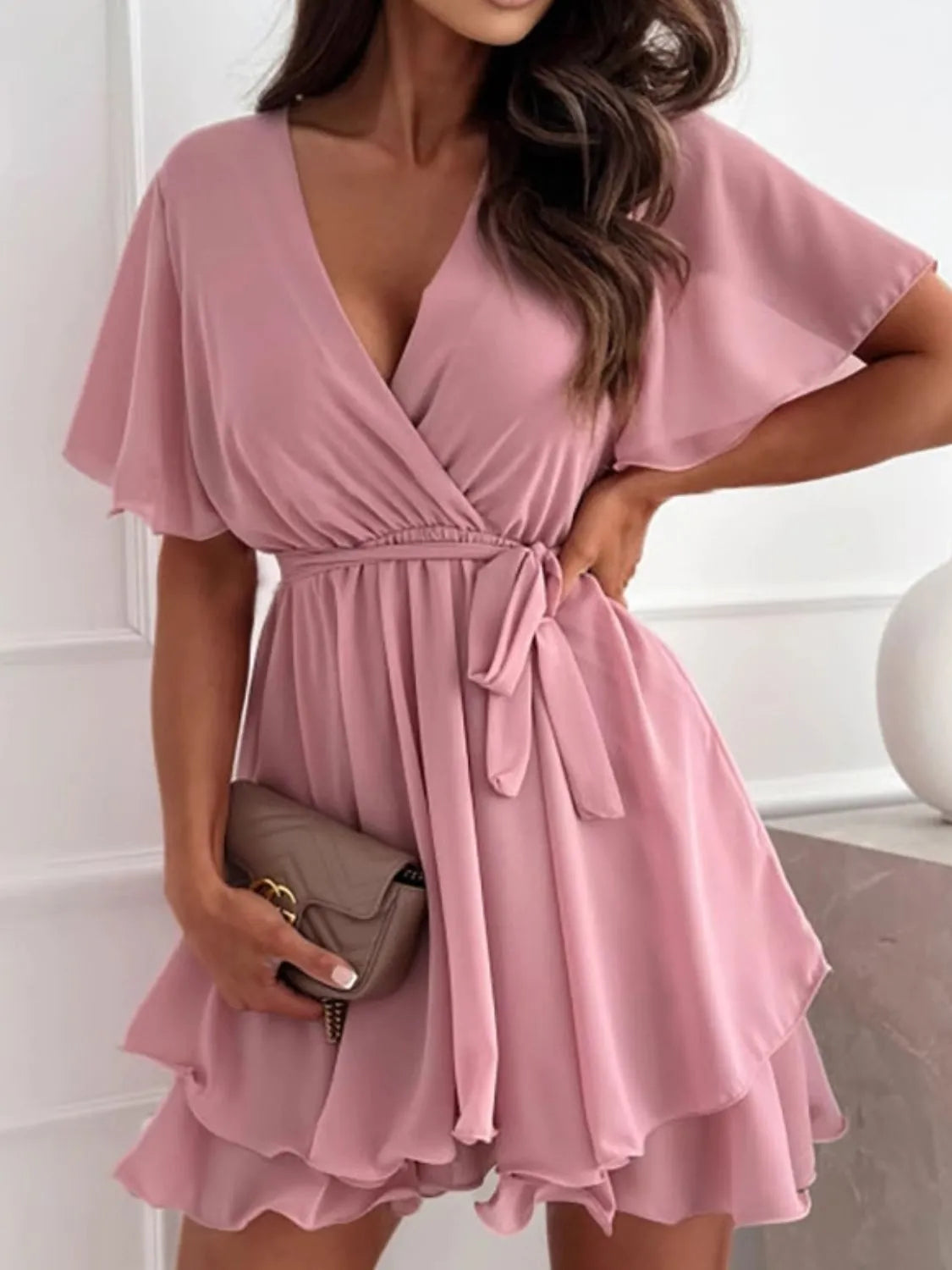 Sweet Talk Flutter Surplice Flutter Sleeve Mini Dress | 3 colors | Poundton-Tactilefable