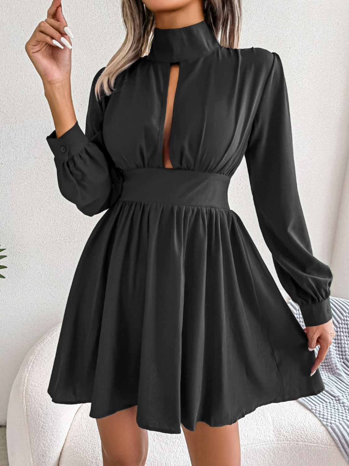 Jennifer Cutout Turtleneck A-Line 80s Swing Mini Dress | 3 Colors-Tactilefable