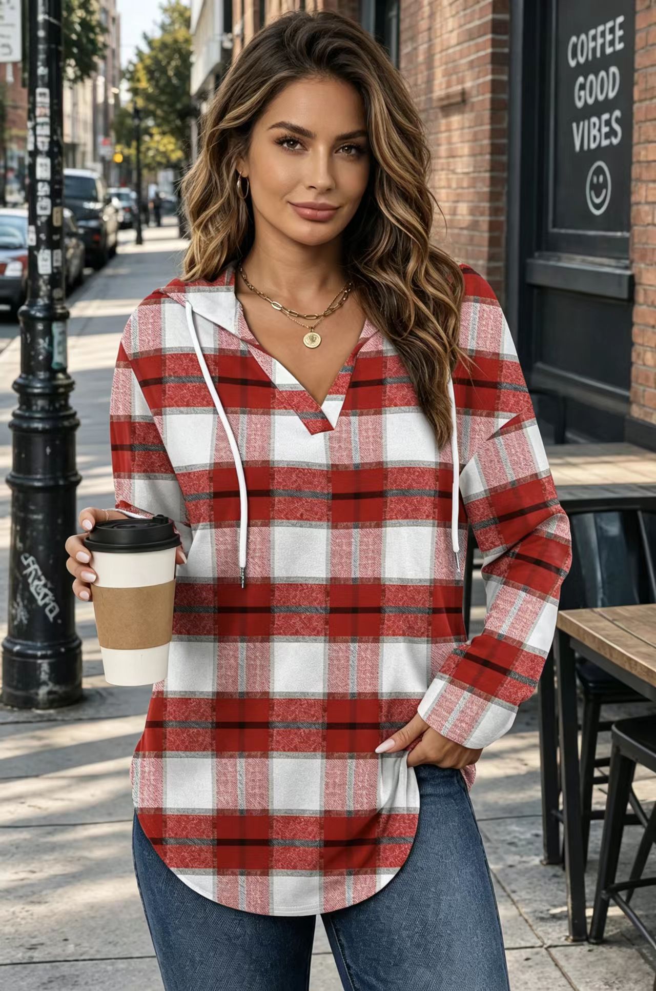 Women Plaid Hooded Long Sleeve Tunic Top, V Neck Drawstring Loose Casual Blouse-Tactilefable